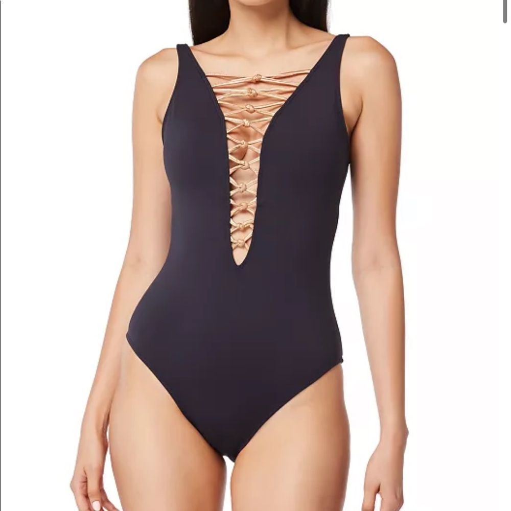 Black one piece bikini gold lace up